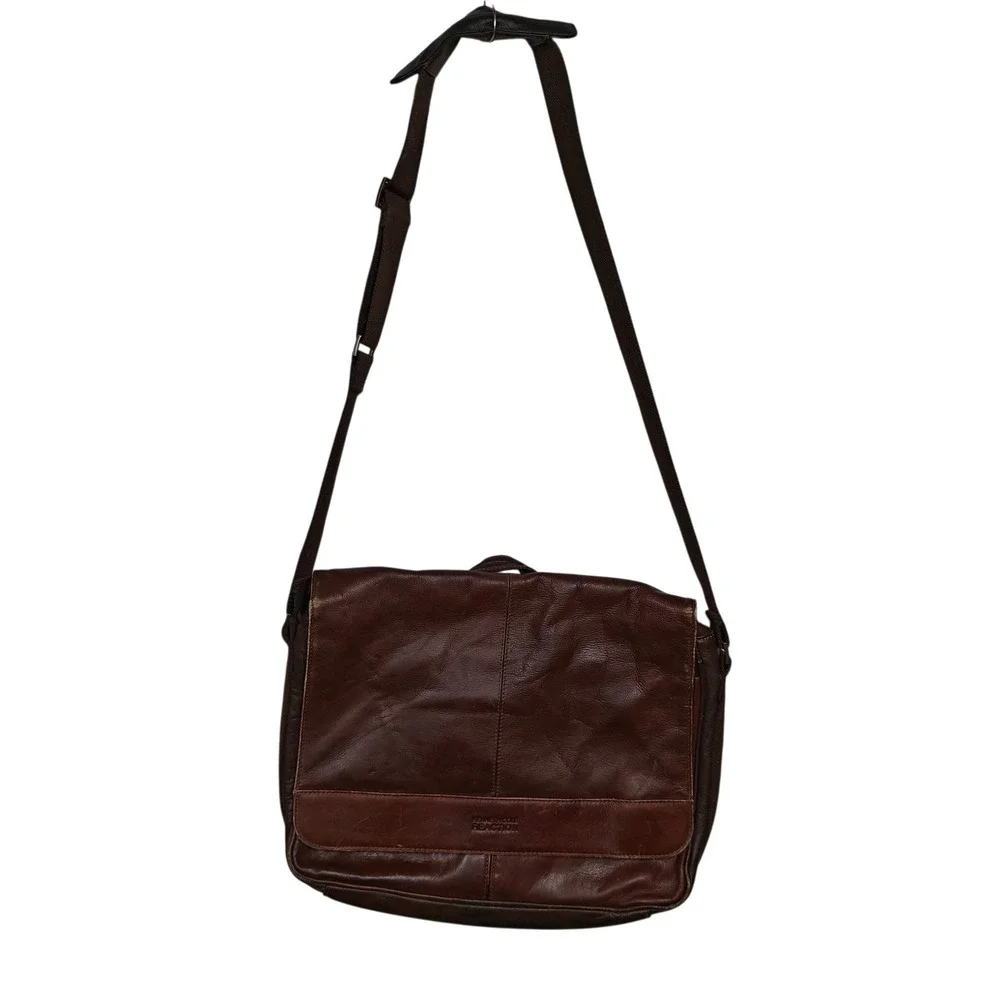 Kenneth Cole Reaction Brown Leather Messenger Bag Crossbody Laptop Briefcase